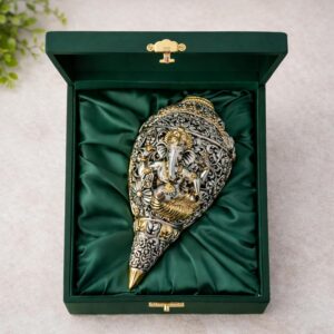 999 Pure Silver Plated & 24K Gold Plated Ganesh Shankh | Sacred 5.5 Inch Dual-Tone Conch Shell | Vastu Showpiece for Success & Wealth | Auspicious Pooja Gift.